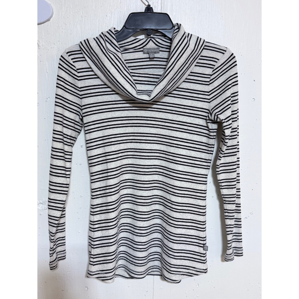 T by Talbots Cowl Neck Striped Ribbed Knit Long Sleeve Top Petite P VN70